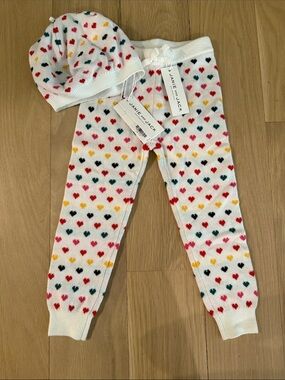 Janie and Jack White Knit Heart Leggings & Beanie Set with Multicolor Hearts